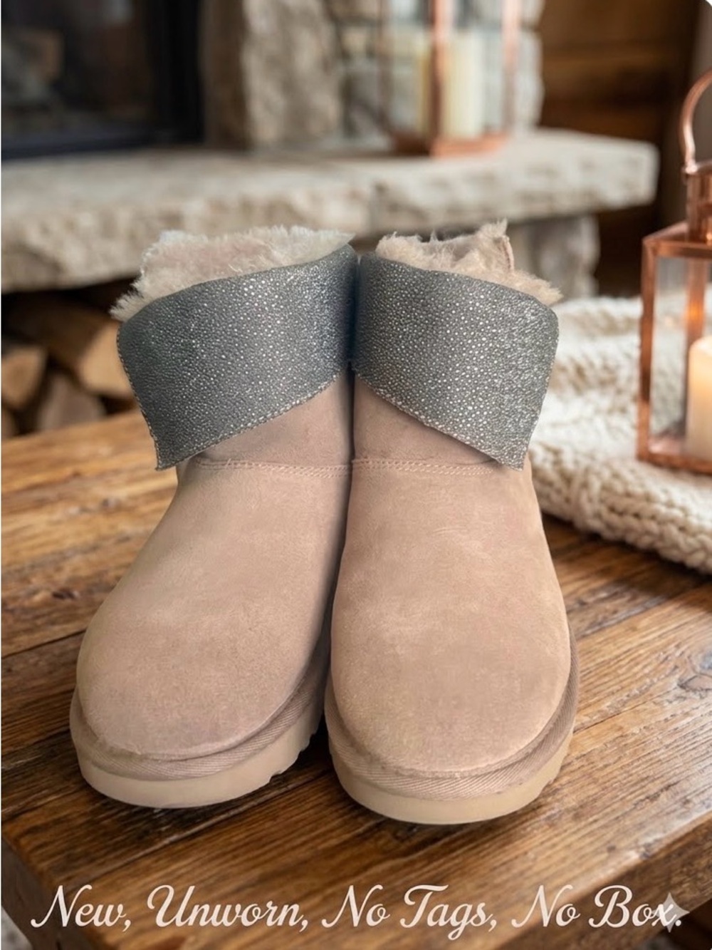 UGG Dusty Taupe Suede Ankle Booties with Sparkle Cuff